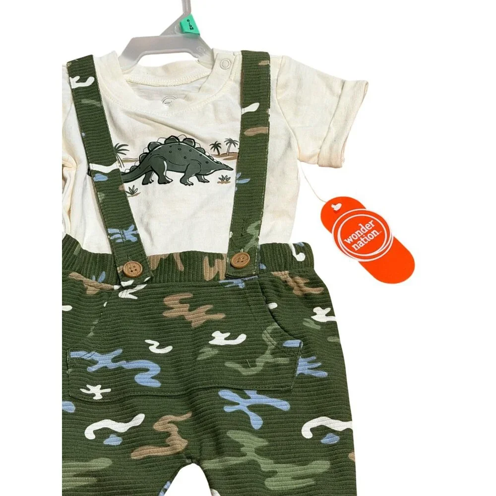 NWT Wonder Nation Baby Boys 6-9M 2-Piece Outfit Set‎ Dinosaur Shirt & Suspenders